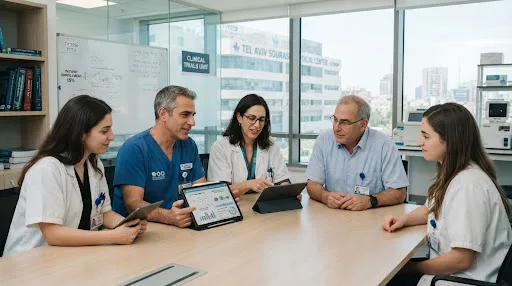 צוות רפואי ומחקרי בחדר ישיבות קליני מול לפטופ ומסמכי ניסוי